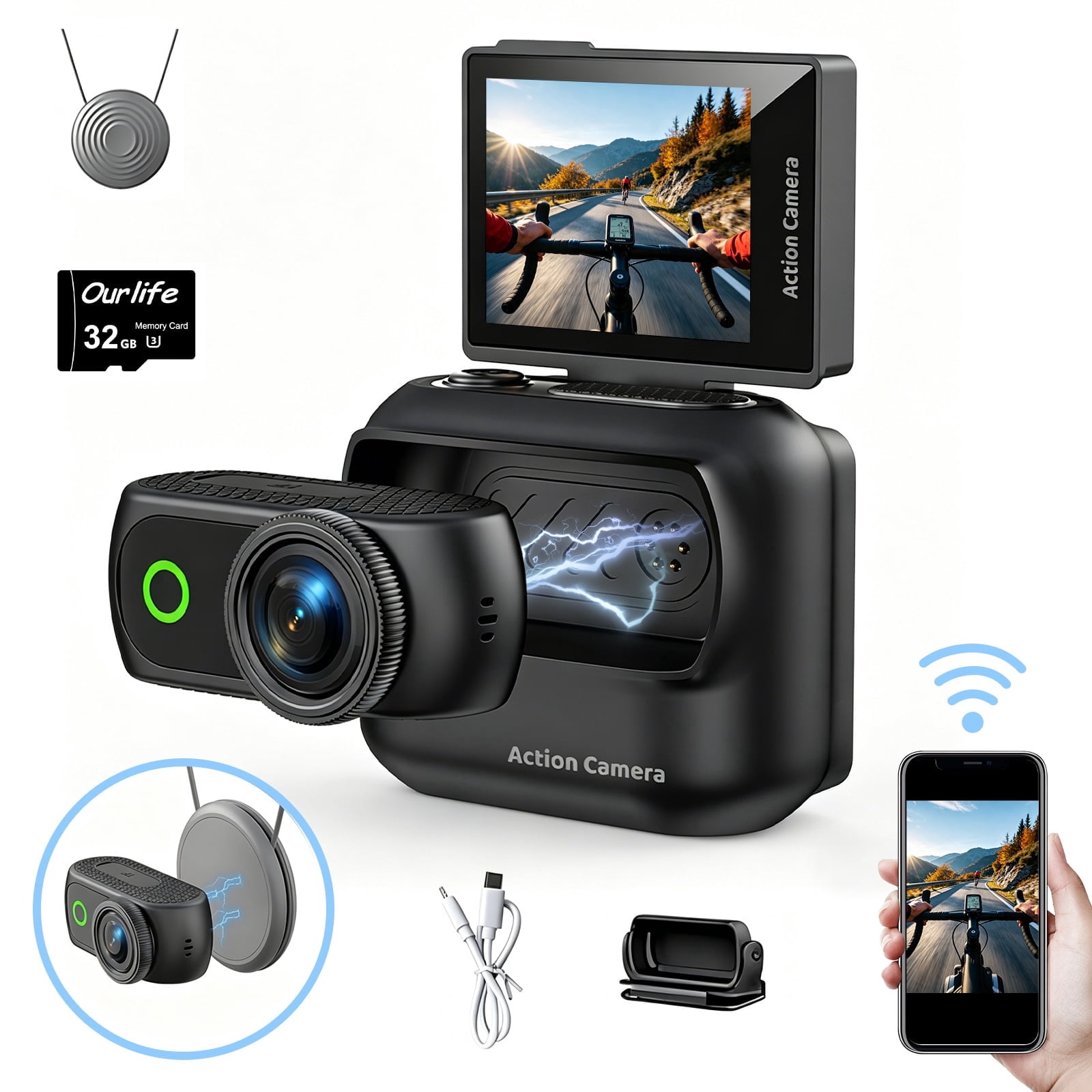 Magnetic Action Camera 1080P Compact Vlog Cam with 2"Flip Screen Hands-Free Wearable Sports Camera 153°Ultra Wide 5G Glass Lens for Pet Walking Cycling Hiking Travel Recording & Adventures Black