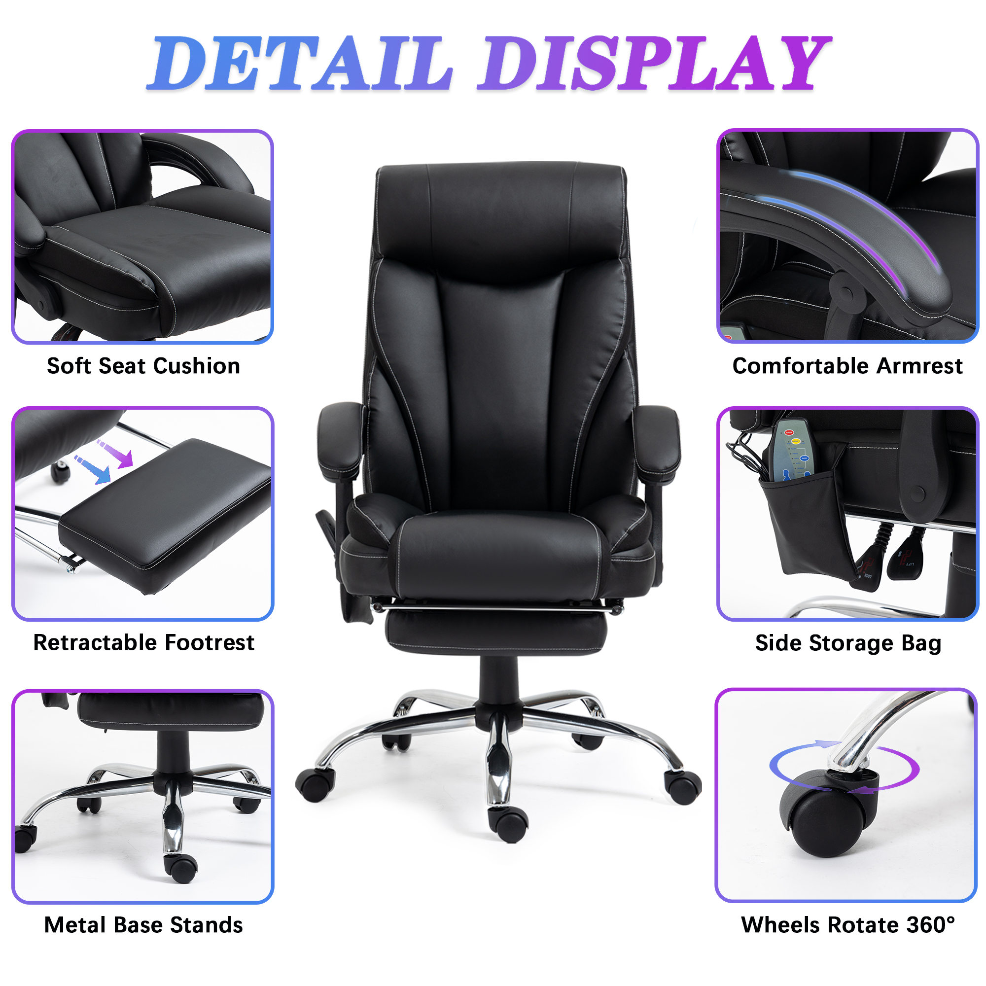 Massage Office Chair Big and Tall Desk Chairs with Wheels 350lb Comfortable Lumbar Support Computer Chair Ergonomic Executive High Back PU Leather Work Chair for Adults Women