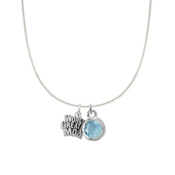 Precious Stars Sterling Silver World's Greatest Mom and March Birsthstone Charm Necklace
