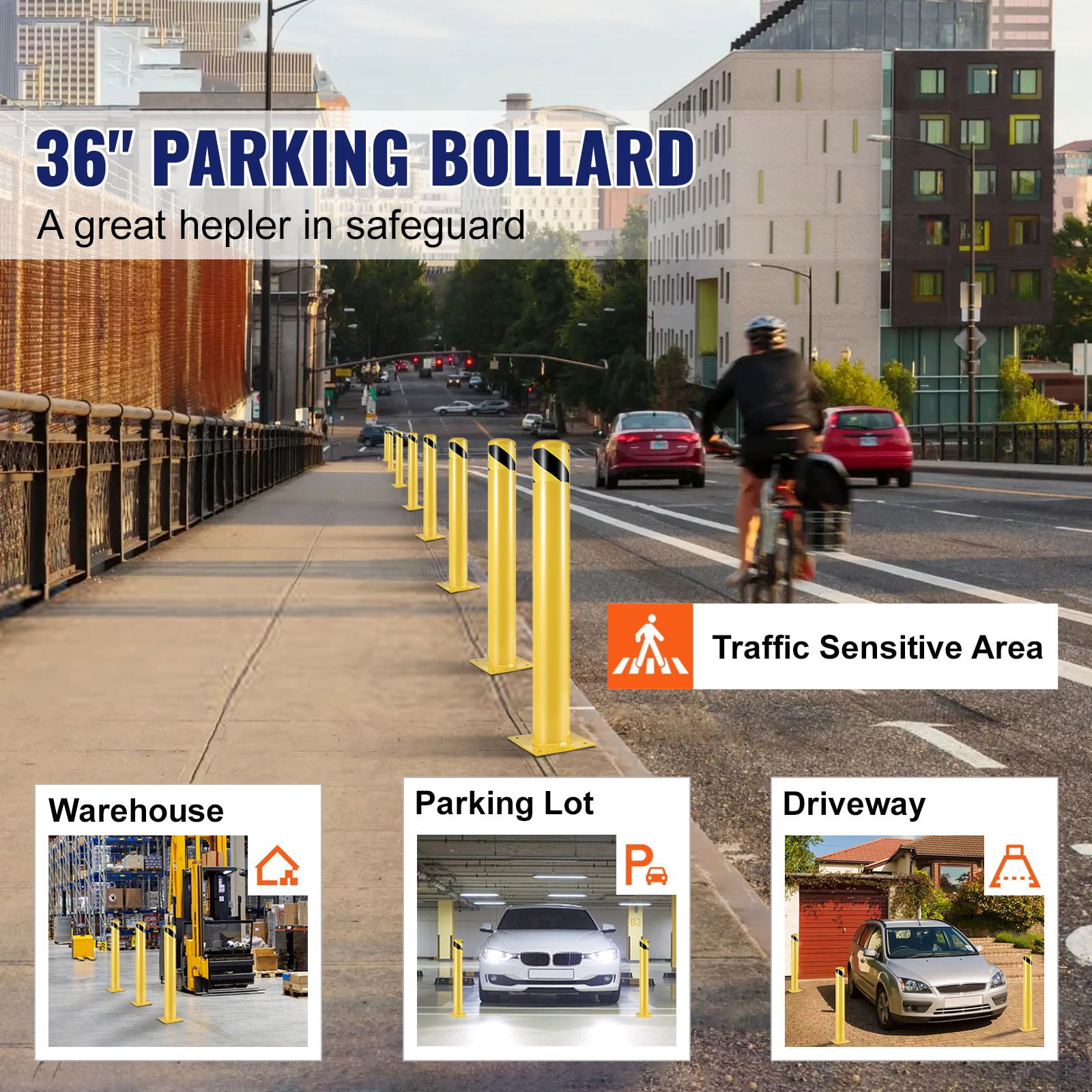 Safety Bollard Safety Barrier Bollard 4-1/2" OD 36" Height Yellow Powder Coat Pipe Steel Safety Barrier with 4 Free Anchor Bolts for Traffic-Sensitive Area