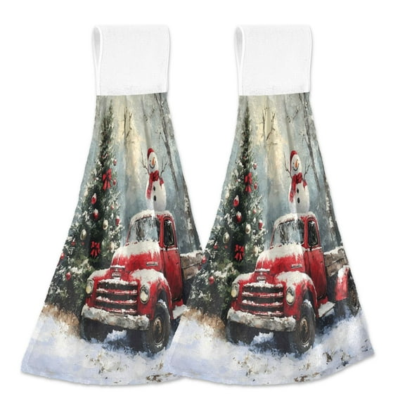 2 Pcs Kitchen Hand Towels with Hanging Loops Absorbent Soft Fast Drying Decor Bath Towels Christmas Tree Truck Snowman