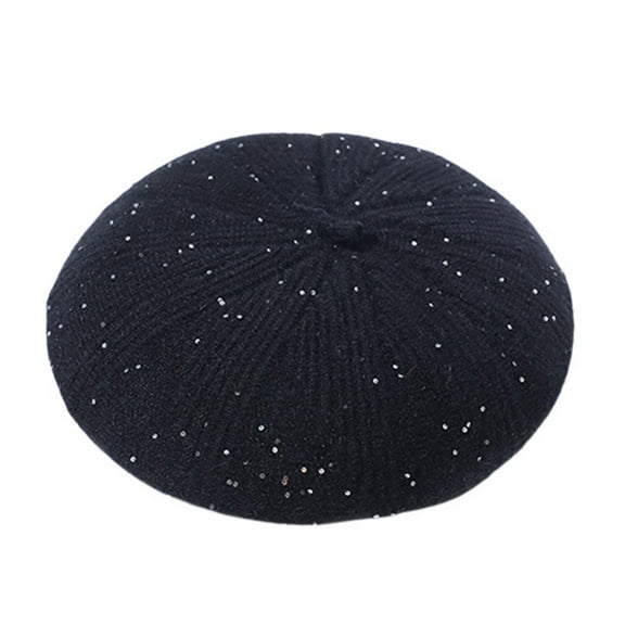 SWSMCLT Women's Snow Party Basic Beret Hat Winter Hat Rhinestone Cap Knit Black One Size