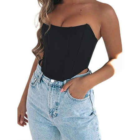 

SUNSIOM Women Off Shoulder Vertical Bar Webbing Boned Bustier Curve Corset Crop Top