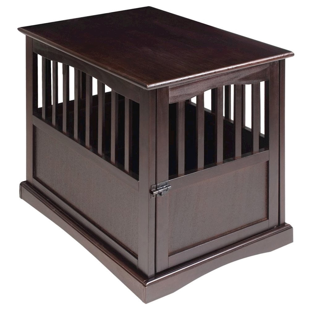 FurniFact Brown Dog Kennel Furniture with Gate, Solid Wood Dog Crate End Table
