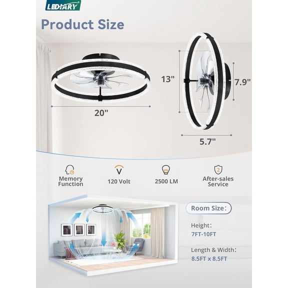 20-Inch Low Ceiling Fan with Light and Remote, Dimmable Fandelier for Bedroom, 6 Speeds, Modern Flush Mount Black