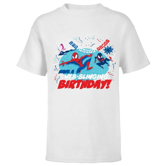 Marvel Spider-Man Miles Gwen Have a Web-Slinging Birthday - Short Sleeve T-Shirt for Kids - Customized-White