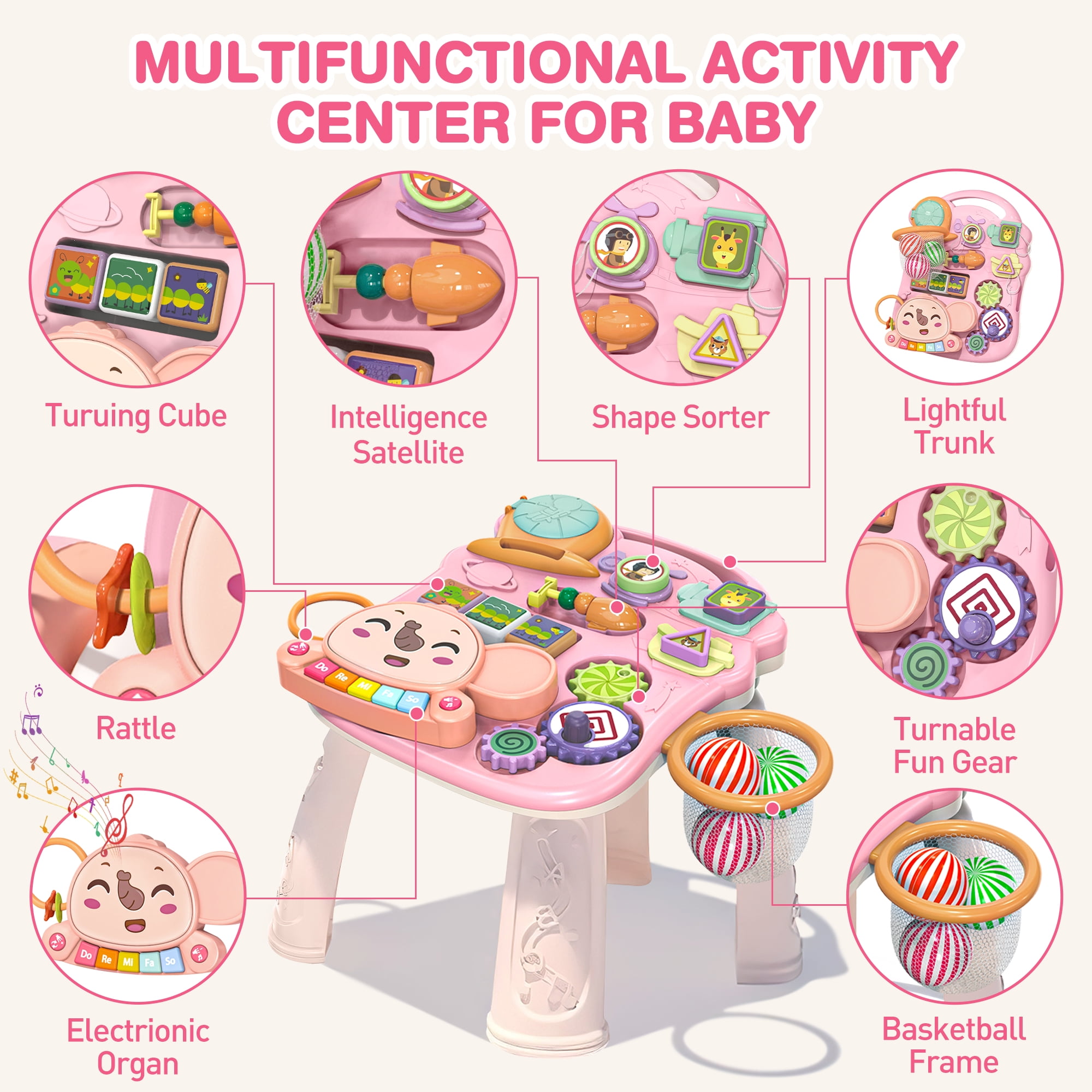 XUEYU Toddler Learning Table Infant Musical Learning Walker with Rolling, Pink Baby Activity Center, Learn to Walk Sit to Stand, 1 Count