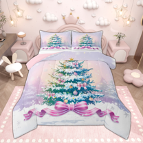 Manfei Cartoon Xmas Tree Bedding Comforter Set, Merry Christmas Twin Comforter Sets, Pink Purple Bow Knot Bedding Set for Girls, Breathable Home Decor, Reversible 2pcs
