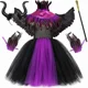 thumbnail image 3 of Disfraz de bruja de Halloween, Malefice, para niñas, color morado y negro, con tutú elegante, capa de plumas, disfraz de reina malvada, ropa para niños, 3 of 5