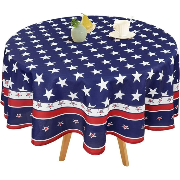 4th of July Tablecloth Round 60 x 60 inch Memorial Day Patriotic Table Cloths Waterproof American Flag Table Cloth for Round Table