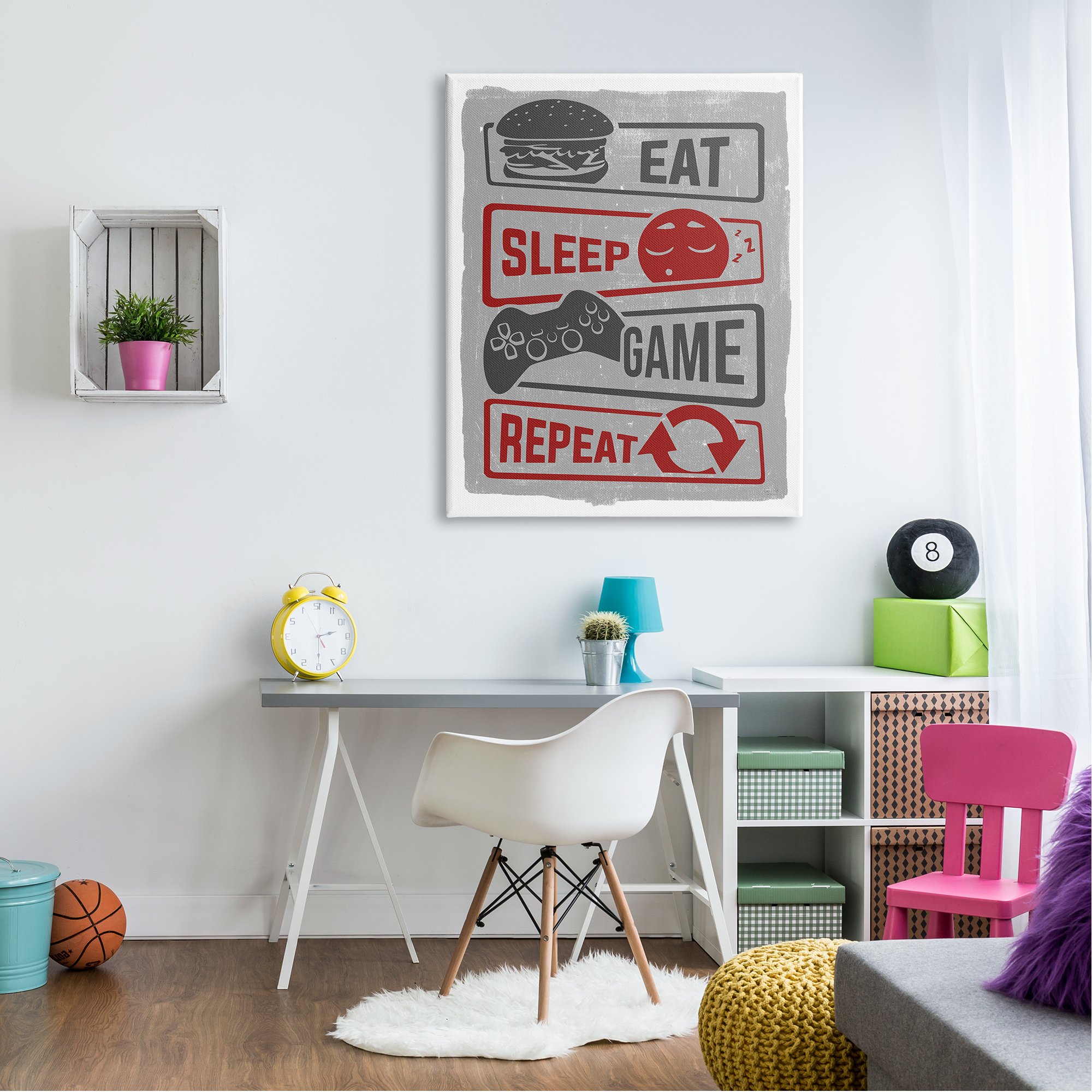 Stupell Industries Eat Sleep Game Repeat Quote Saying Vintage Sign, 36 x 48, Design by Lux + Me Designs