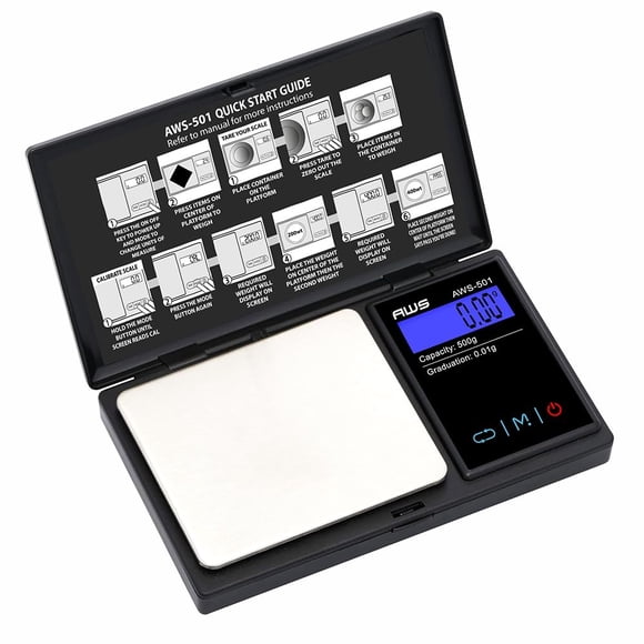 Báscula Digital de Bolsillo Serie 600g x 0.1g | Báscula Digital de Gramos Mini para Alimentos, Joyería, Onzas/Granos, Fácil de Transportar - AMERICAN WEIGH SCALES (Negra, 500g x 0.01g)