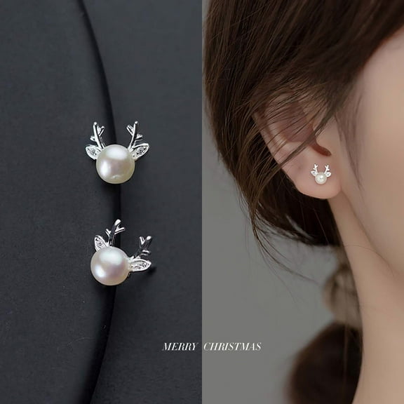 Reindeer Pearl Stud Earring, Cute Animal Earring, Sterling Silver Reindeer Earring, Dainty Pearl Earring, Christmas Earring, Christmas Gift for Her