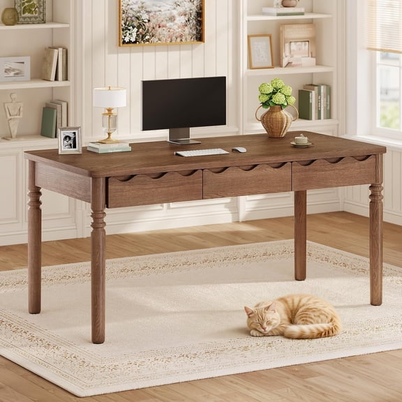 SEDETA 47" Solid Pine Wood Computer Desk, Home Office Executive Desk with 3 Wave Carved Drawers, Vintage Wood Writing Study Table & Makeup Vanity Desk for Bedroom, Easy Assembly, Brown