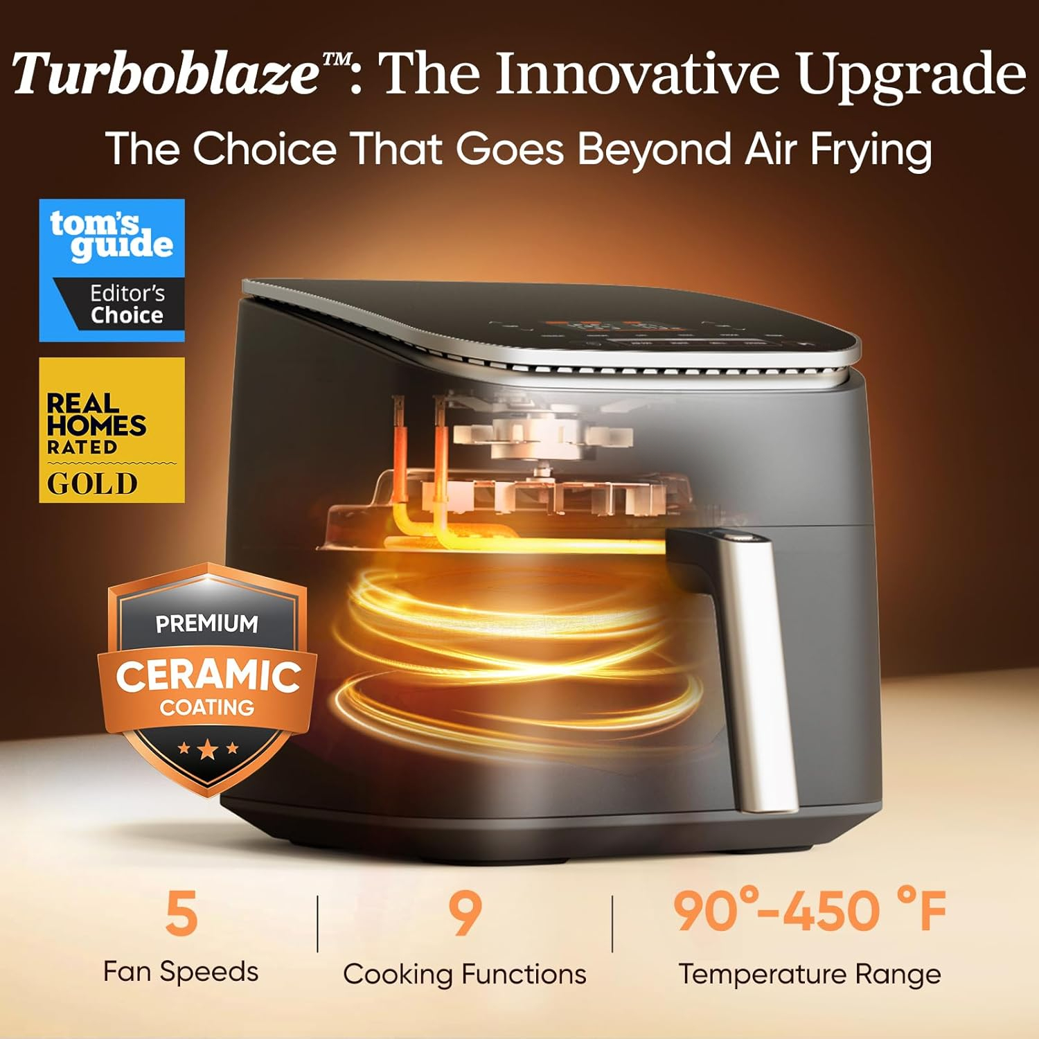 9-in-1 TurboBlaze Air Fryer 6 Qt, Premium Ceramic Coating, 90°–450°F, Precise Heating for Even Results, Air Fry, Roast, Bake, Broil, Dry, Frozen, Proof, Reheat, Keep Warm, 120V, Dark Gray