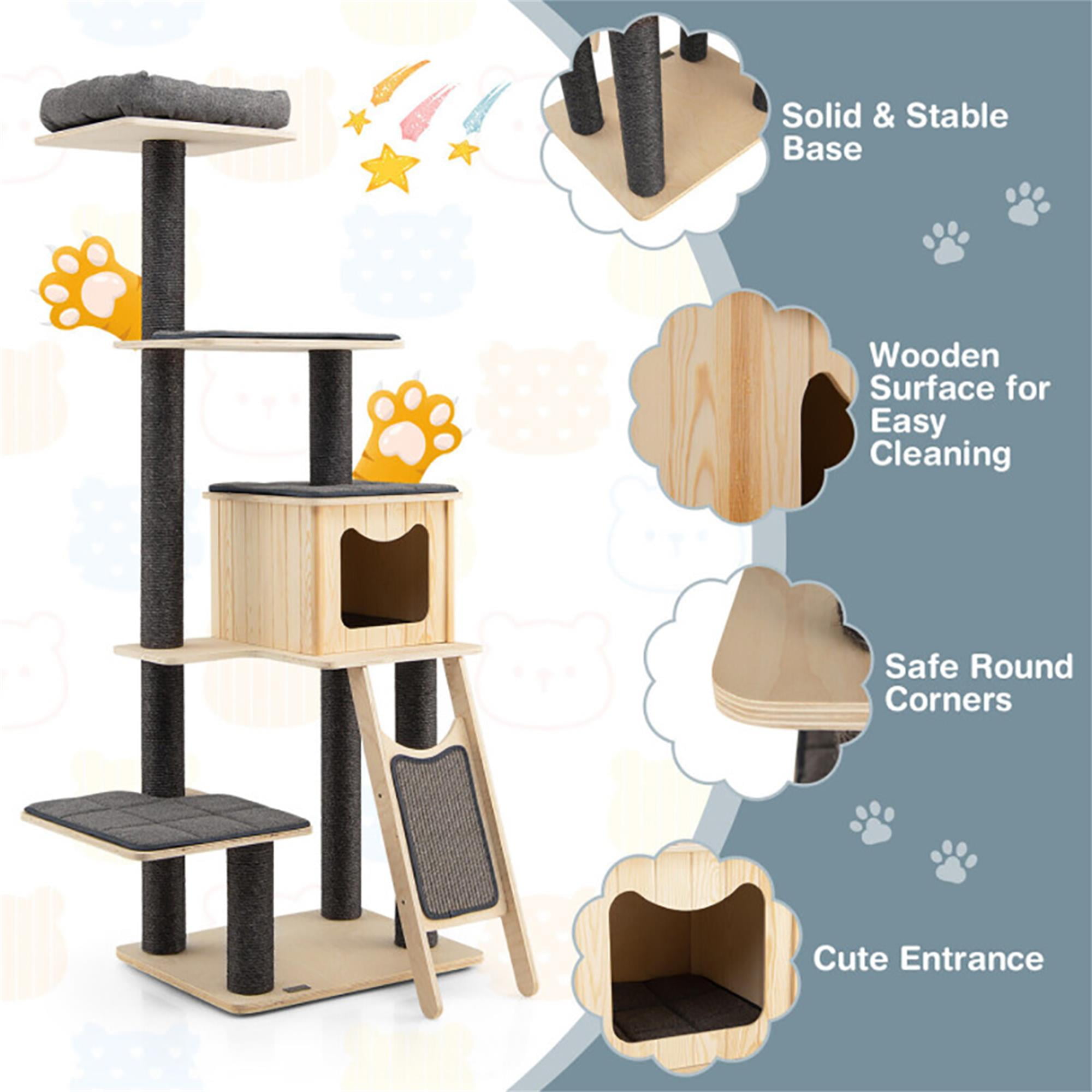 Kadyn 69" Modern Cat Tree Tower for Indoor Cats, 5-Tier Cat Condo with Scratching Posts, Perch, Washable Removable Cushions, Cat Furniture, Gray