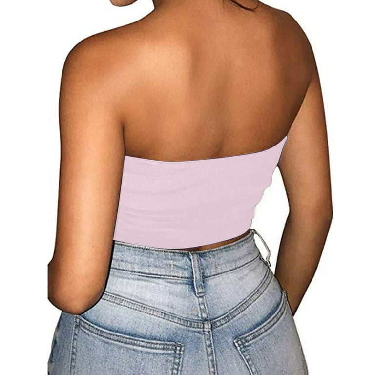 Women Juniors Cropped Strapless Built-in Bra Cute Sexy Cotton Tube Tops  Junior Fit 