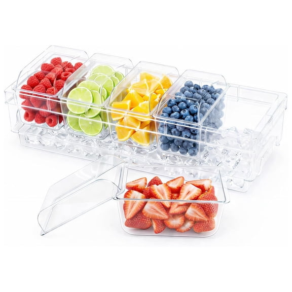Chilled Condiment Containers with Lids, Plastic Taco Bar Serving Set for Party with 5 Containers, Ice Garnish Tray for Mimosa Bar Supplies, Clear Serving Platter for Fruit, Salad, Snack