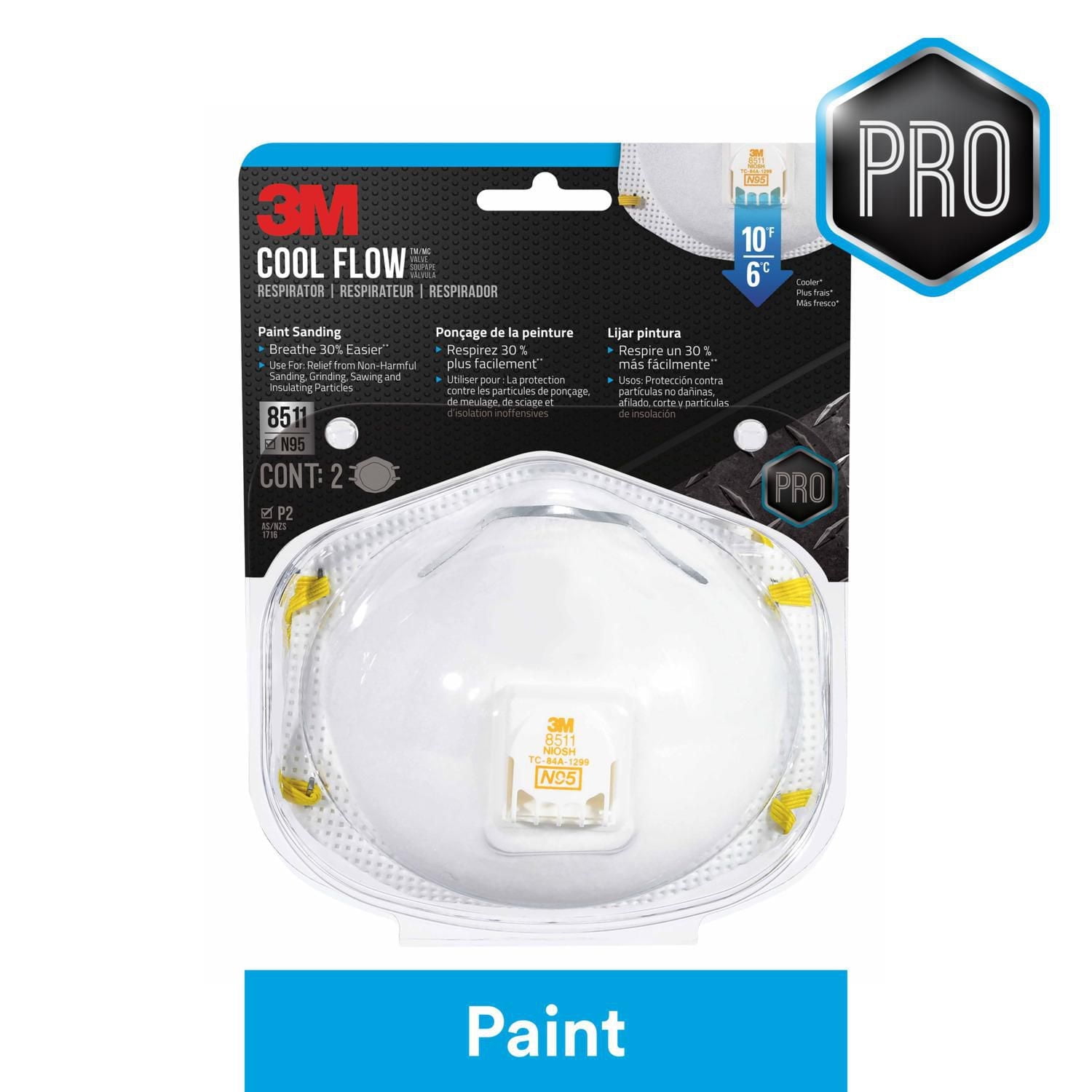 3M™ Respirator 8511PA1-2A-PS-WM, Pro Series, Paint Sanding, N95, Valved, 4/Pack