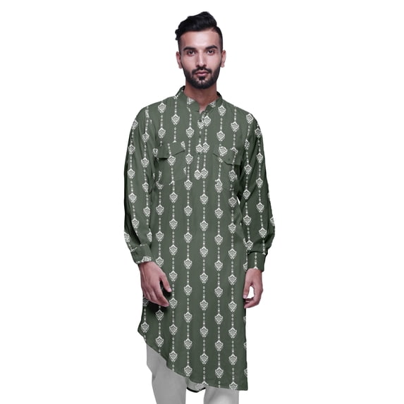 Atasi Mandarin Collar Printed Rayon Traditional Kurta For Men Casual Shirt