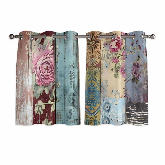 Vintage Flower Kitchen Curtains Short 54 Inch Length, Retro Botanical Floral Wooden Grommet Top Bedroom Living Room Curtains, Light Filtering Cafe Curtain Drapes 2 Panels Set 84''x54''