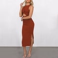 thumbnail image 3 of Vestidos de playa para mujer Vestido ajustado largo con cuello redondo fruncido con abertura (Marrón S) FLhrweasw Para estrenar, 3 of 7