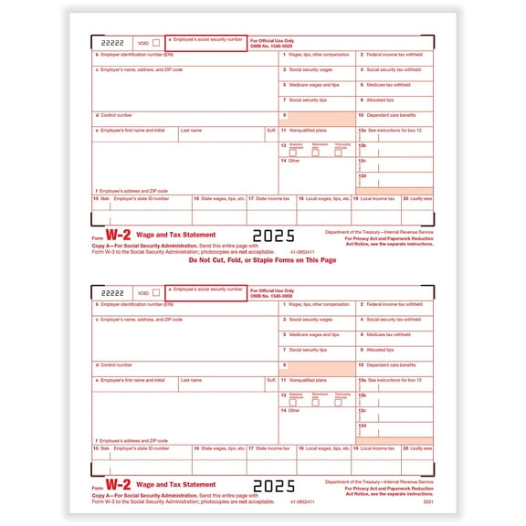 ComplyRight 2025 W-2 Tax Form 1-Part 2-Up Federal Copy A 50/Pack (520150)