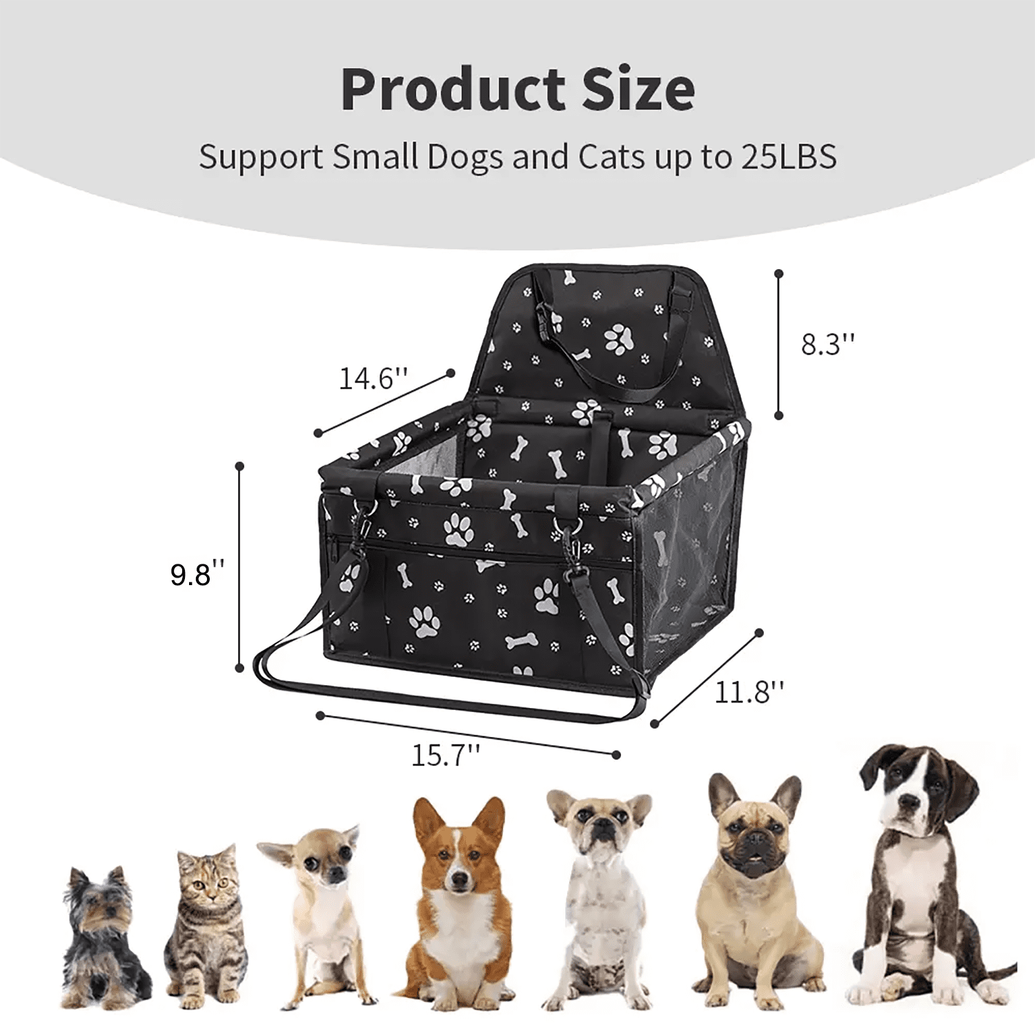 Asunby Foldable Dog Car Seat, Waterproof Dog Car Booster Seats Portable Pet Booster Travel Safety Protector for S/m Dogs, Puppies, Bones & Footprints Black