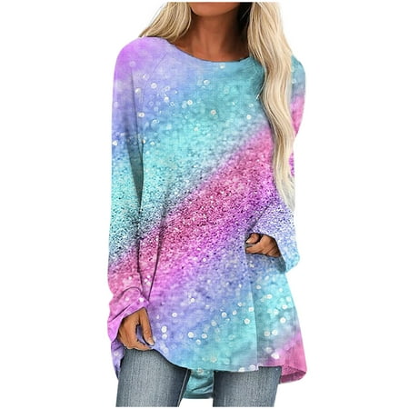 

Long Sleeve Tee Shirts For Women Patterned Print T-Shirt Top Womans Loose Pullover Crewneck Tunic Blouses Light Blue Small