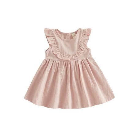 

Toddler Baby Girls Summer Dress Cute Sleeveless Round Neck Loose Fit Cotton Linen Ruffle Dress Pink 12-18 Months