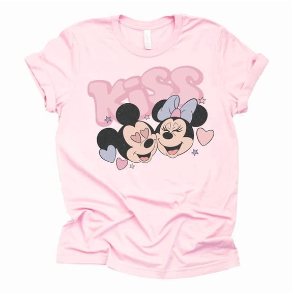 Mickey Minnie Kiss Valentine Graphic Design Casual Short Sleeve Shirt (Light Pink-2X Large)