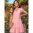 thumbnail image 5 of Women Summer Dresses Ruffle Short Sleeve Smocked V Neck Casual Loose A-Line Swing Mini Dress Sundress Pink L, 5 of 7