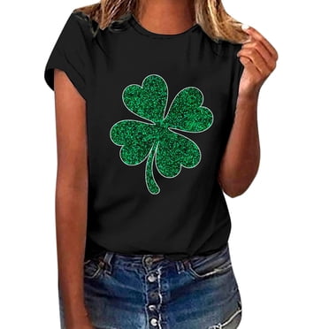 Vente de Liquidation!! T-Shirt de la Saint-Patrick pour Femmes, T-Shirt Graphique Trèfle Vert, Col Rond, Manches Courtes, Tunique Décontractée, Noir + TG