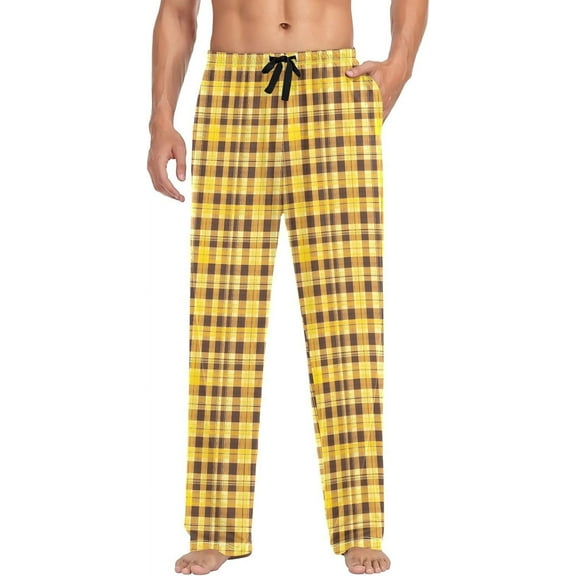 Top-kevin Men's Pajama Bottoms, Yellow and Brown Plaid Sleeping Pant Pajamas Lounge Wear Sleepwear Pants S-2XL