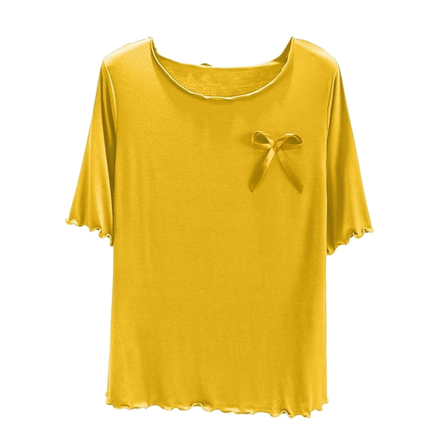 Camisas de Cuello de la Tripulación de Manga Corta para las Mujeres de Color Sólido Casual Delgado, Base de Casa Pijama Superior Poliéster