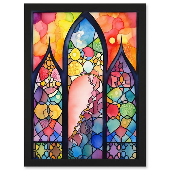Stained Glass Window Folk Art Abstract Artwork Framed Wall Art Print A4