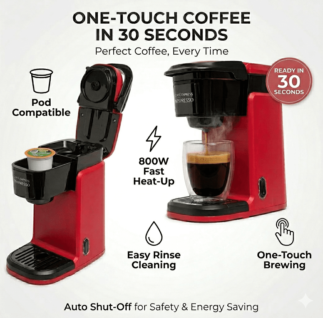 Mixpresso Single Cup Coffee Maker, Personal Single Serve Coffee Brewer Machine, Compatible with Single-Cups, Quick Brew Technology, One Touch Function Red Coffee Maker, 12oz One Cup Coffee Maker
