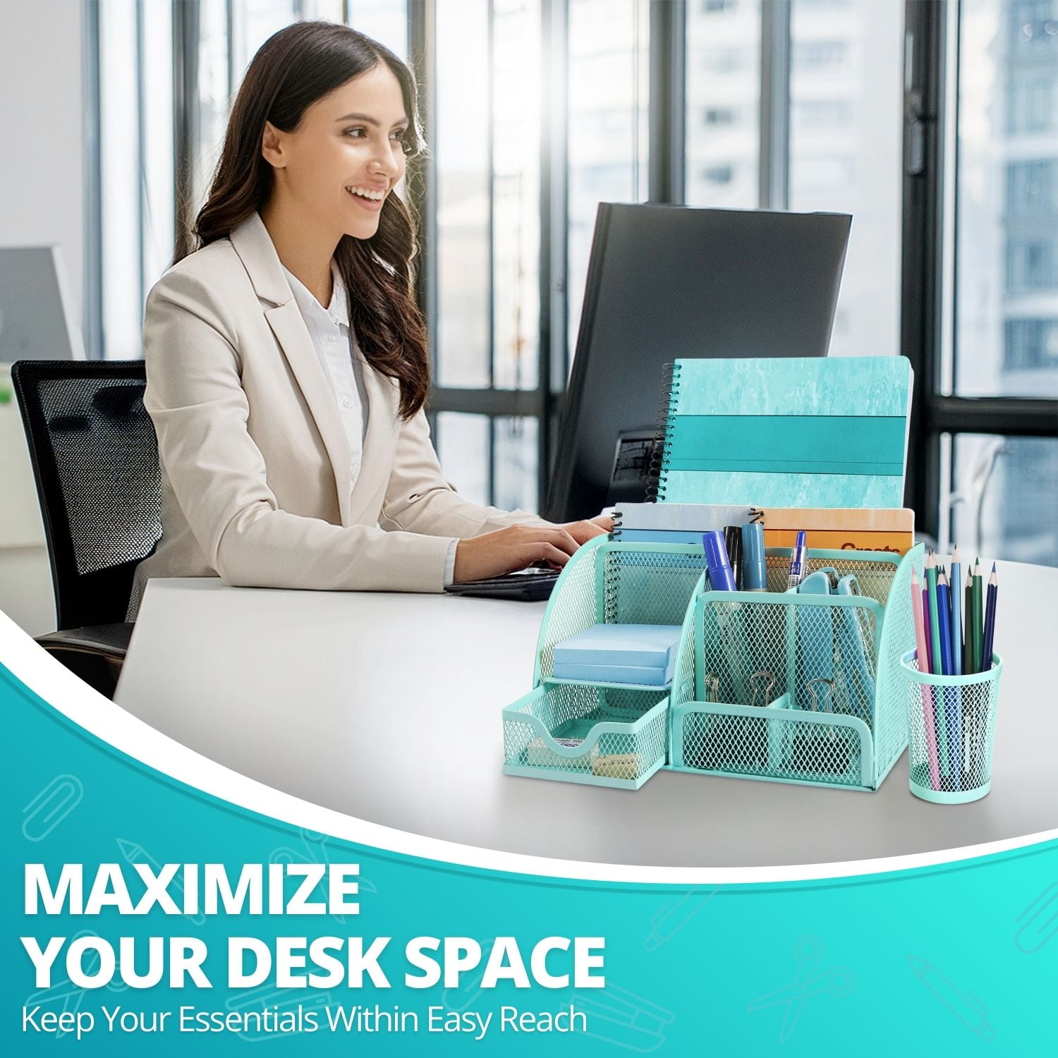 Desk Organizer Office Supplies Accessories Desktop Tabletop Sorter Shelf Pencil Holder Caddy Set - Metal Mesh with Drawer and 6 Compartments (Turquoise Aqua Blue)