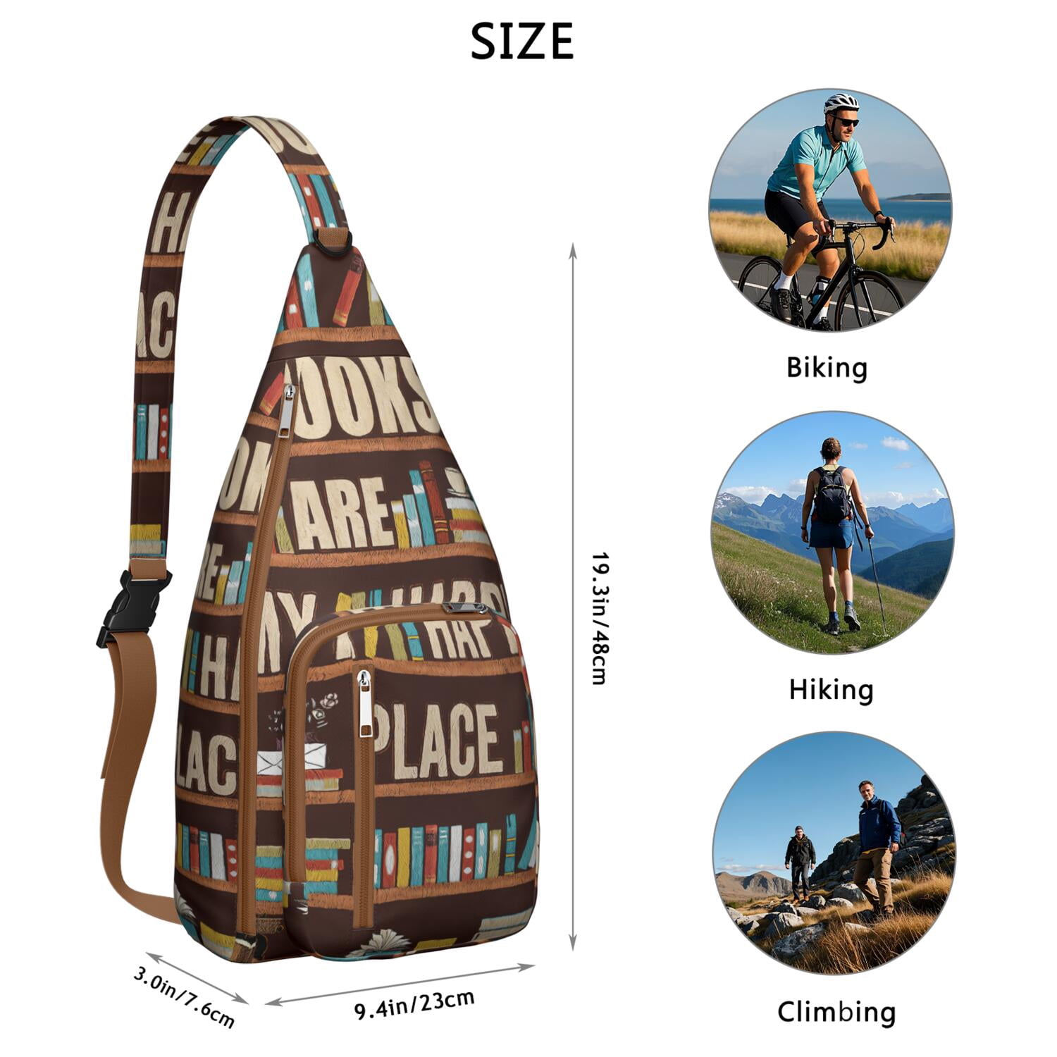 Book Lover's Crossbody Sling Bag - Waterproof Lightweight Chest Pack with Bookshelf Print Design, Perfect Reading Companion for Travel & Daily Use (Born to Read Inspired)