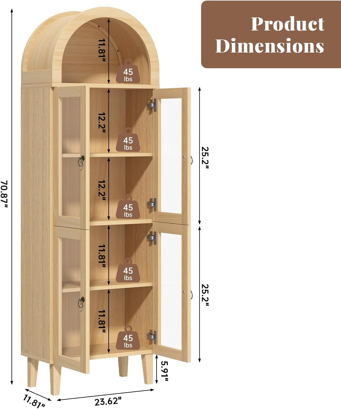 71" Tall Arched Cabinet with Acrylic Glass Door, Modern Curio Arched Bookcase, Display Cabinet Organizer, Kitchen Pantry with Top-Opening Storage Container for Living Dining Room, Natural