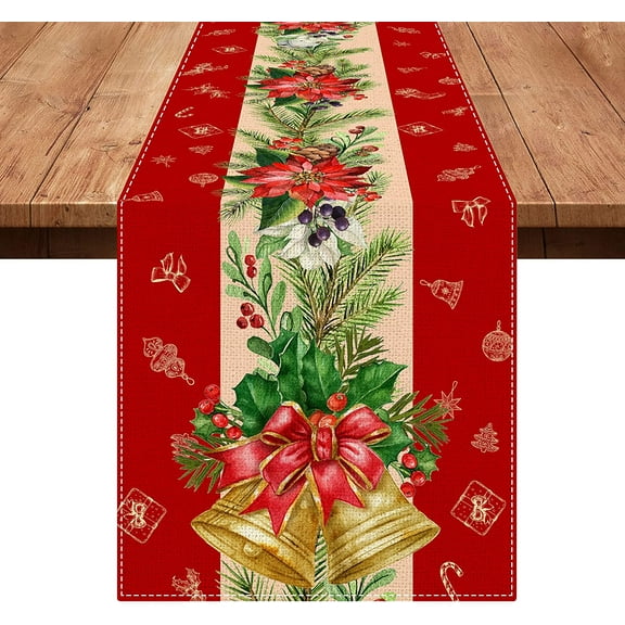 Newhomestyle Christmas Table Runner Red Burlap Linen Home Kitchen Decor Christmas Flowers Gold Bell Red Green Christmas Table Runners for Holiday Party 13 x 72 Inches