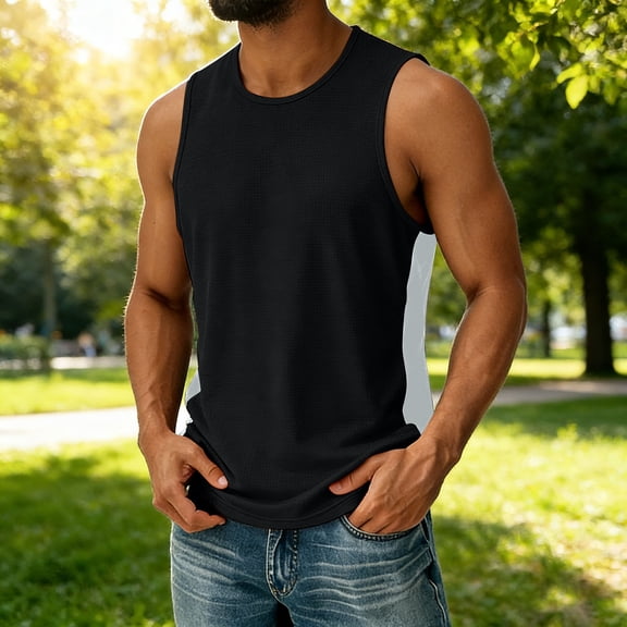 Dolkfu Black Tank Tops Men Crew Neck Sleeveless Refreshing Modern Solid Minimalist Athletic Pull-on Tank Tops Black,S