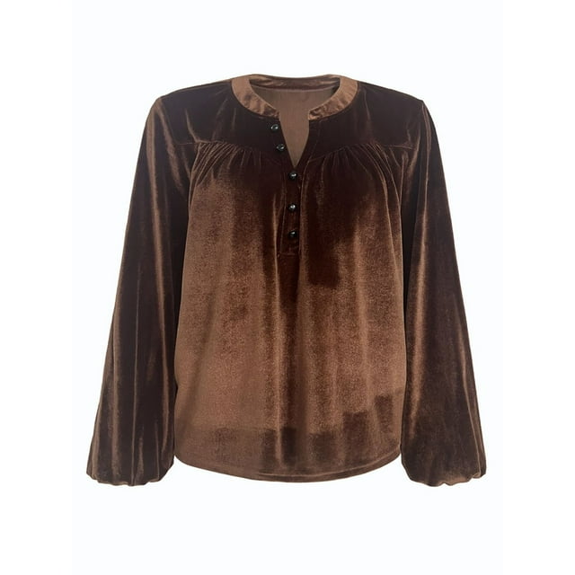 Blusas de Terciopelo con Cuello en V para Mujer, Estilo Vintage, Larga, Botones, Plisadas, Elegantes, Informales, de Otoño. Marrón XXL