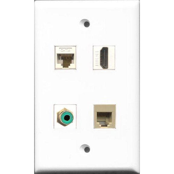 RiteAV 1 Port HDMI and 1 Port RCA Green and 1 Port Phone RJ11 RJ12 Beige and 1 Port Cat6 Ethernet White Wall Plate