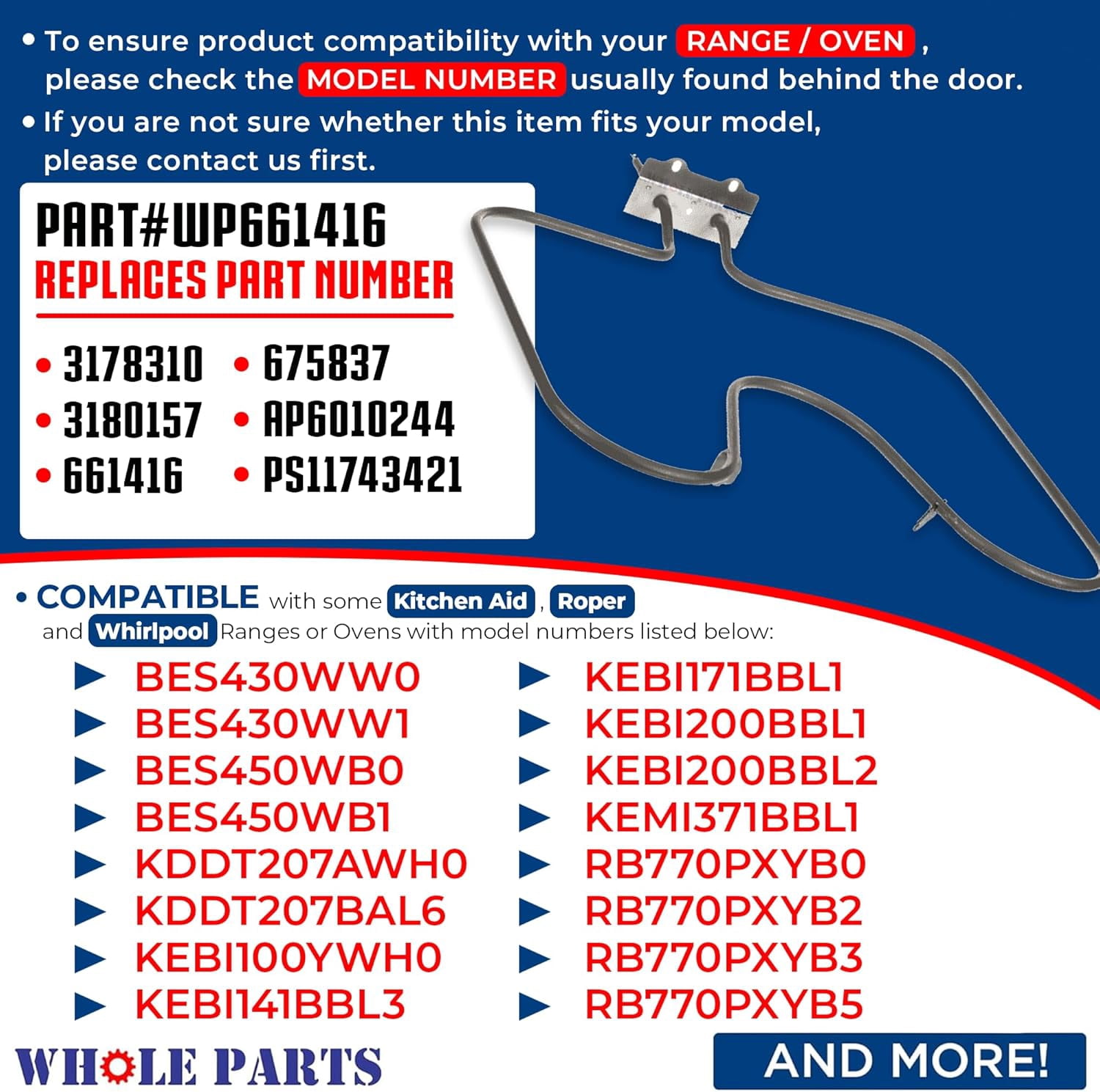 Whole Parts Range Oven Bake Heating Element Part# WP661416 - Replacement & Compatible with Some Kitchen Aid, Roper and Whirlpool Ranges or Ovens