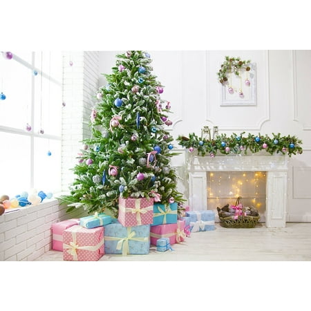 Image of 5x7ft White Backdrop Wood Floor Christmas Green Christmas Tree Pink Gift Box Balloon Party Photo Booth Props