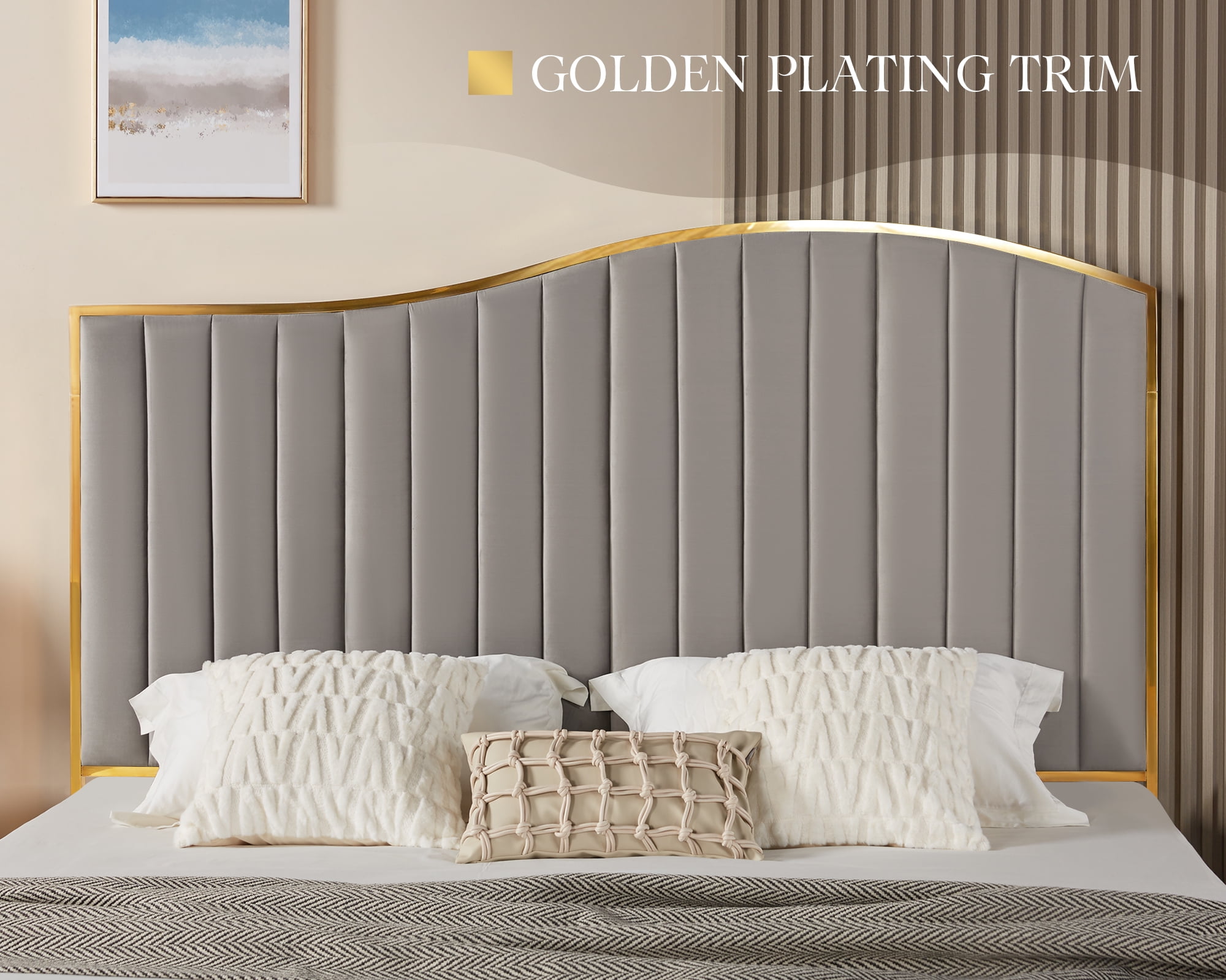 VanAcc Queen Size Platform Bed Frame 61.4" Vertical Channel Gold Trim Headboard ï¼ Footboard Grey