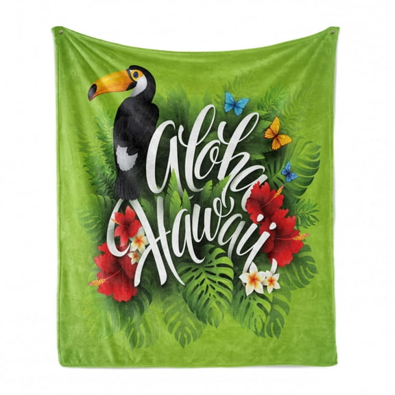 Aloha Soft Flannel Fleece Blanket, Hawaiian Cursive Lettering with Butterflies Flowers and Toucan Leafy Tropical Design, Cozy Plush for Indoor and Outdoor Use, 70" x 90", Multicolor, by Ambesonne