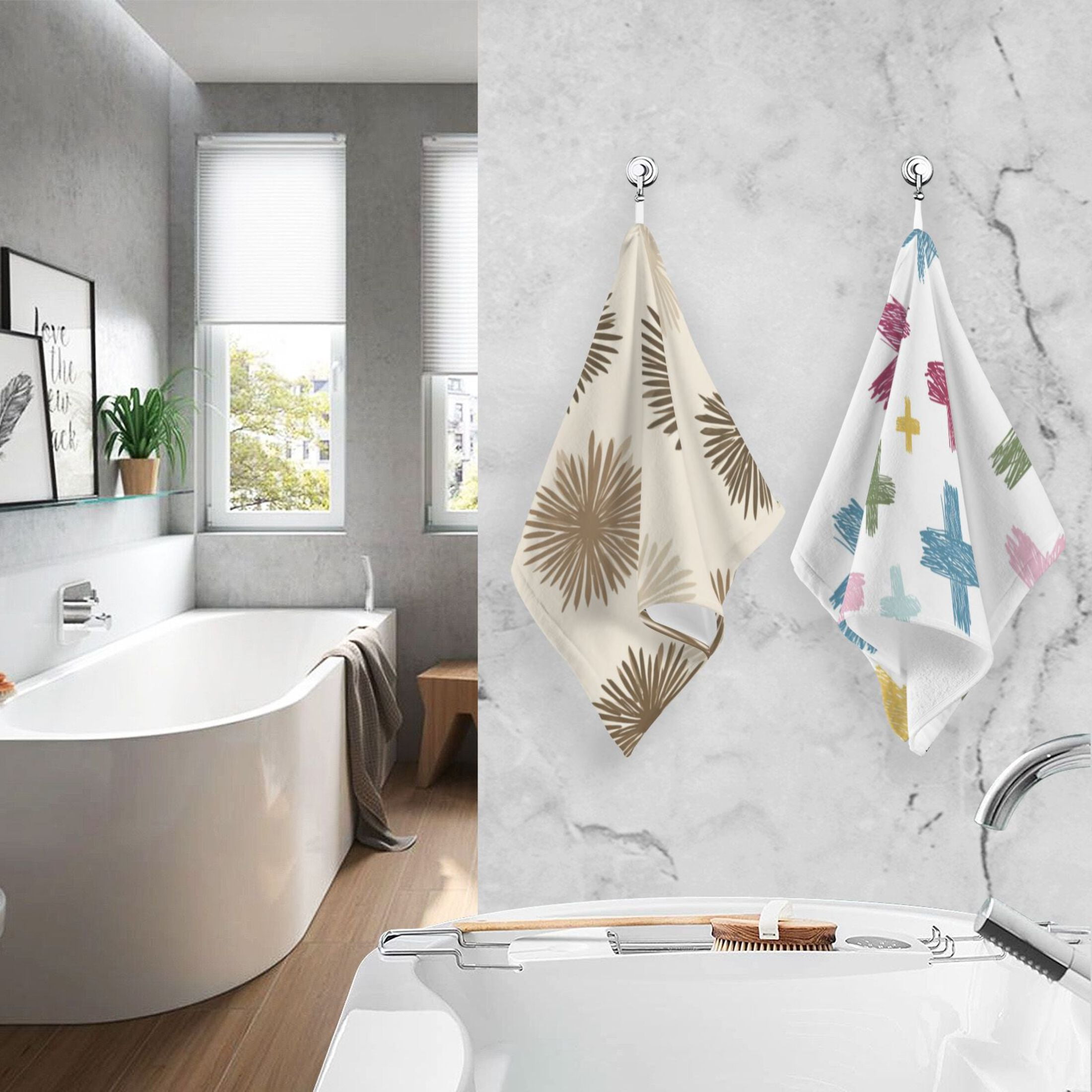 2-Pack Soft 100% Cotton & Highly Absorbent Bath Towel 2 Defferent Pattern Designs Colorful Hand-drawn Crosses Brown Beige