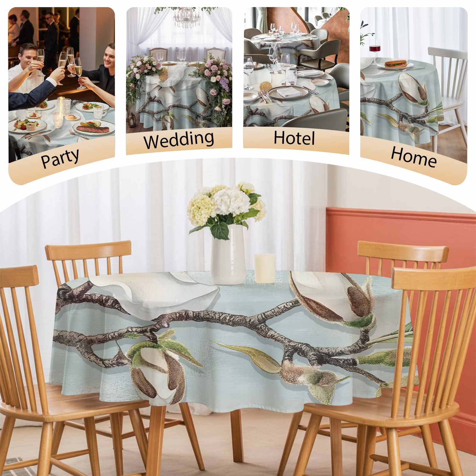 Round Tablecloth Farmhouse Rustic Magnolia Waterproof Oil Proof Polyester Table Cloth Cover Decor for Home Dining Outdoor,Patio,Parties, 60" Dia. White Green